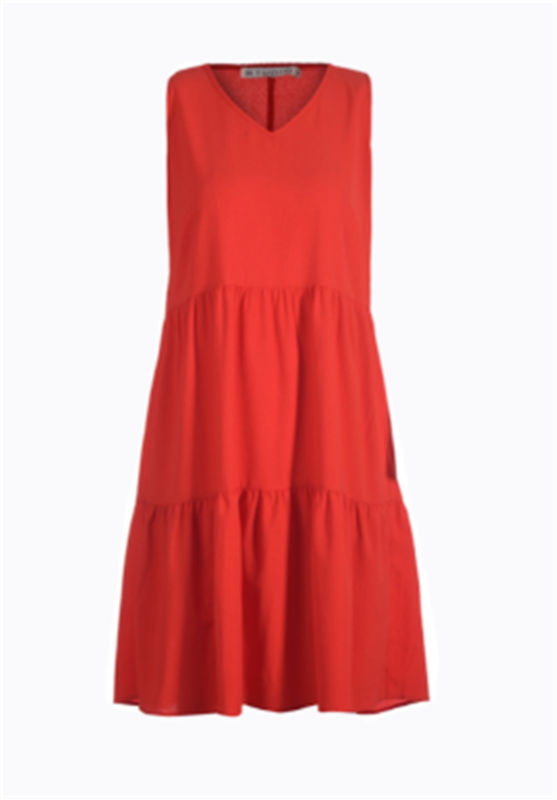 Red V Neck Sweet Custom Womens Dresses Party Frill Dress Sleeveless Polyester Fabric