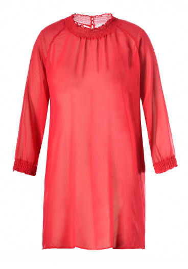 Red Ladies Plus Size Dresses With Collar And Smock Cuff In Chiffon Fabric